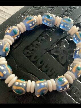 Artisan African Handmade Ceramic Glass Bead Elastic Bracelet. Blue and White